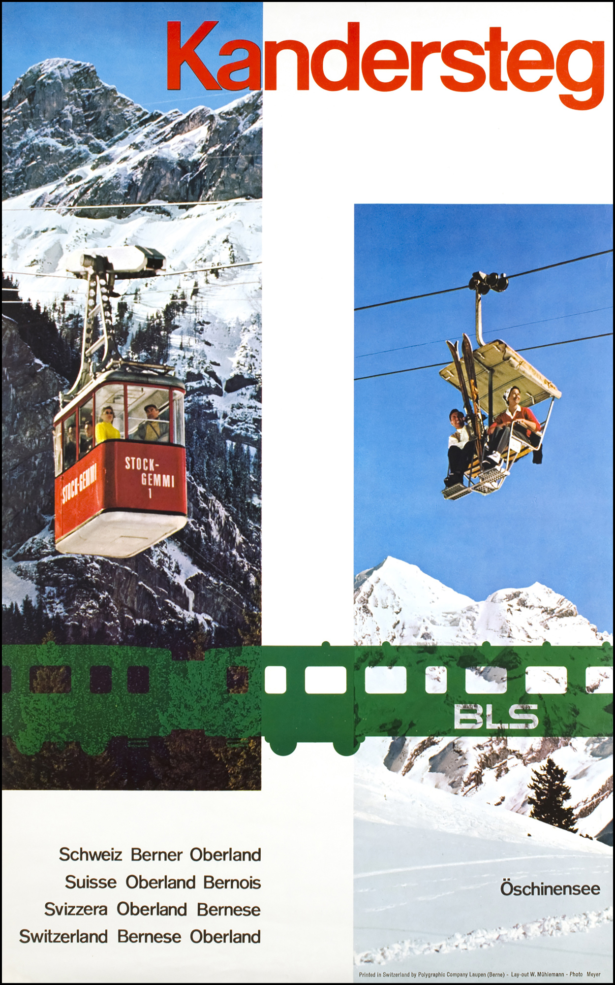 1960s Swiss travel poster for Kandersteg featuring cable cars and snow-capped Alpine mountains