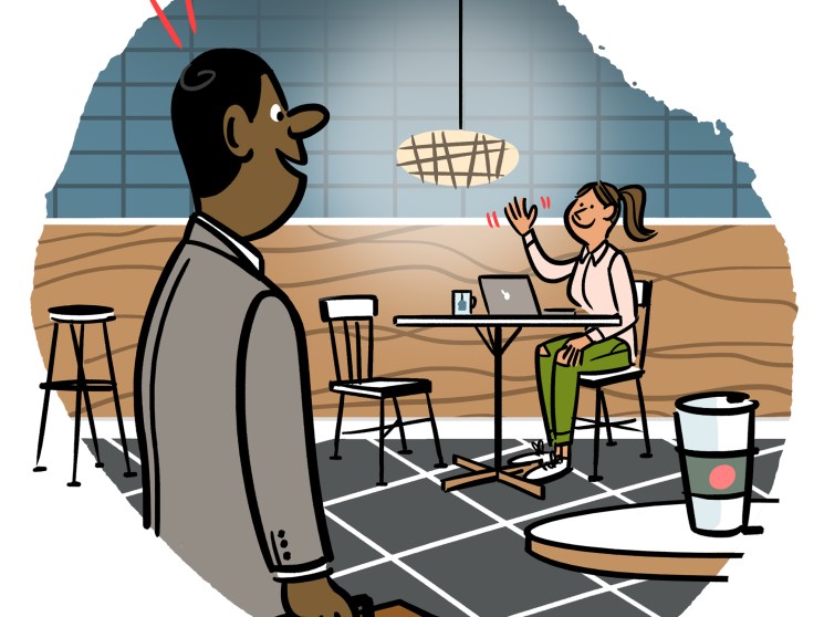 Illustration of two business professionals meeting in an office space to discuss ideas.