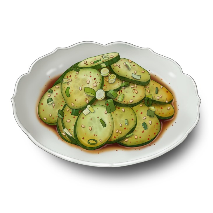 Korean cucumber salad served in a white scalloped bowl with sesame seeds, chili flakes and green onion garnish