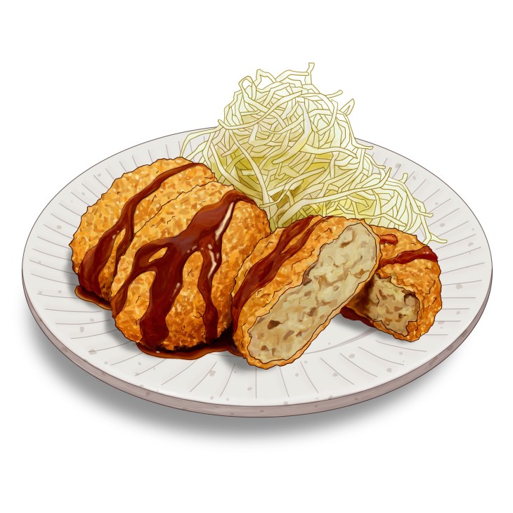 Japanese beef and potato korokke croquettes with shredded cabbage and tonkatsu sauce on white plate