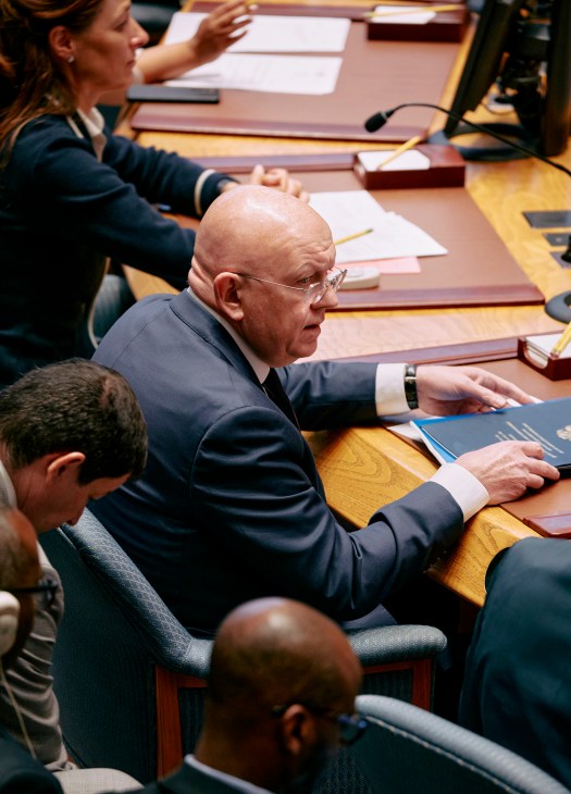 Russian Ambassador Vasily Nebenzya seated at his position during a UN Security Council session