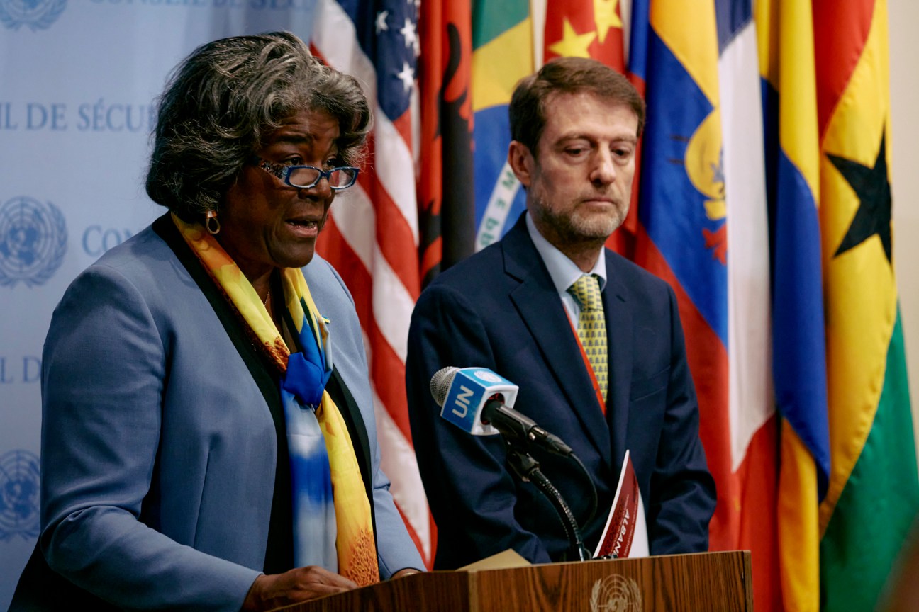 US Ambassador Linda Thomas-Greenfield in conversation with Albania's Ambassador Ferit Hoxha in the UN Security Council chamber