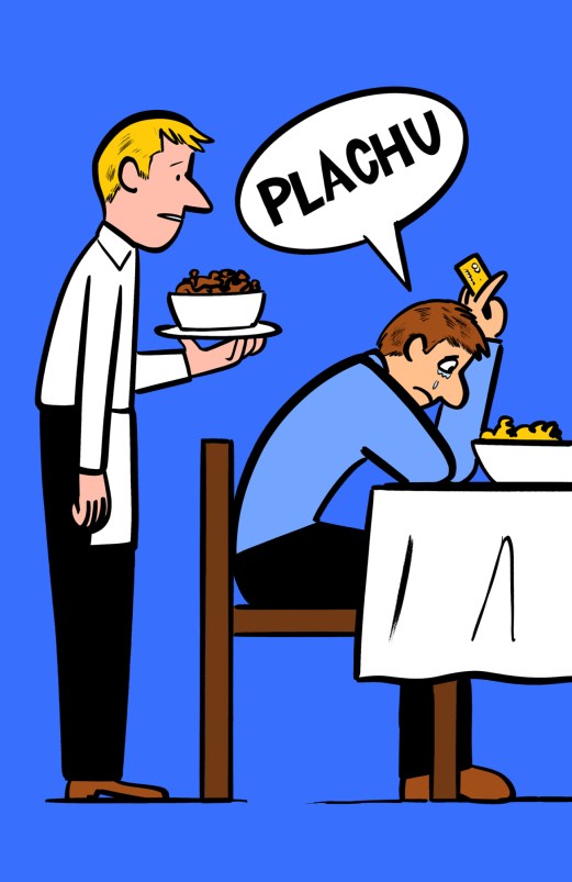 Cartoon illustration showing waiter serving food to customer using phone with speech bubble saying PLACHU