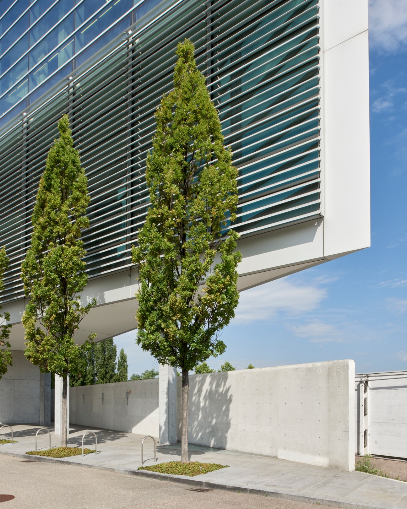 Modern concrete building exterior with horizontal metal louvers and geometric white column with evergreen trees