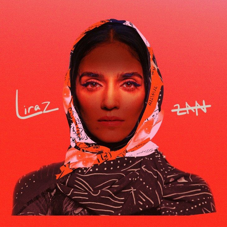 Liraz in colorful headscarf and patterned clothing against coral background for album Zan