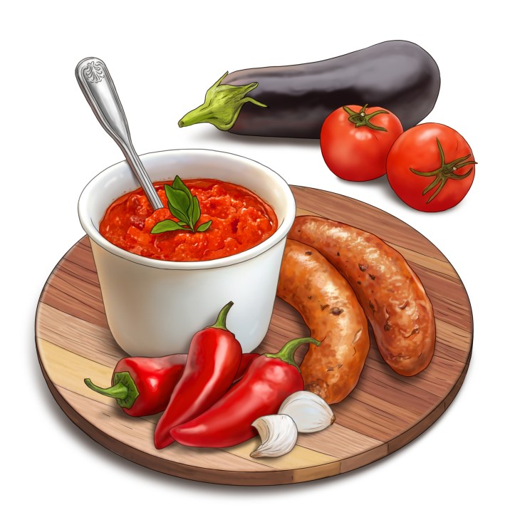 Illustration of ljutenica spread in a white bowl with red peppers, tomatoes, eggplant and sausages on a wooden board.