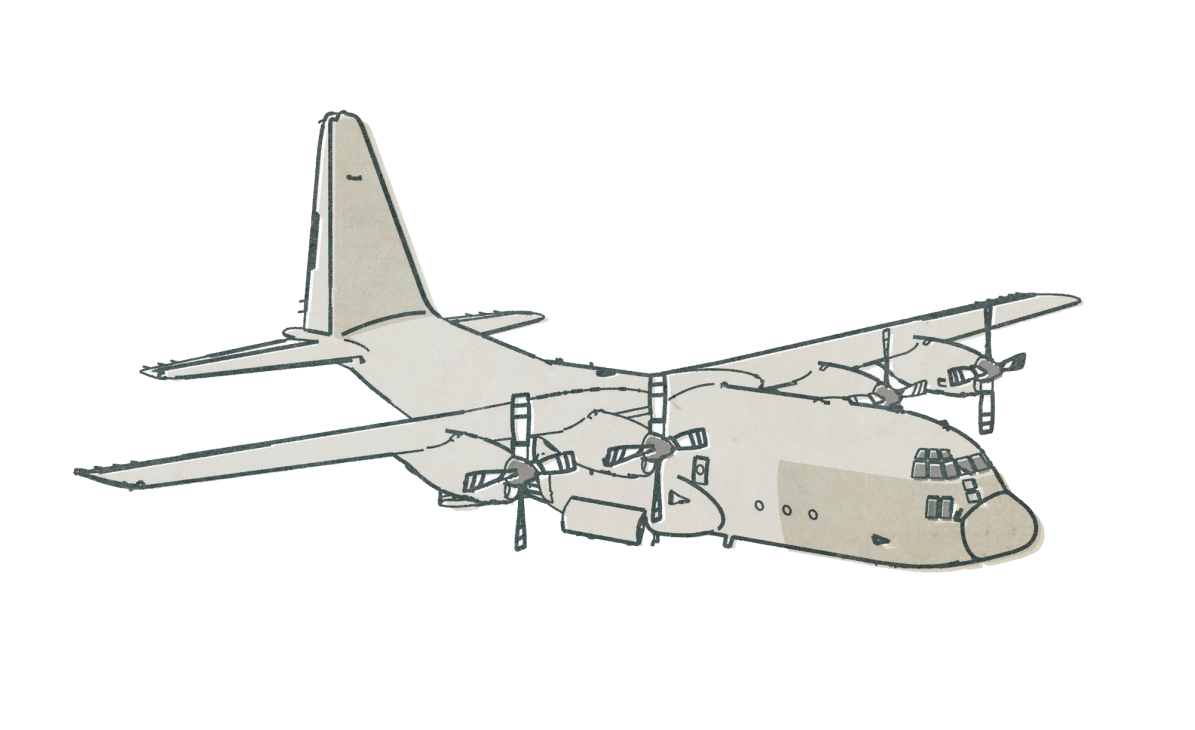 Illustration of a Lockheed Martin C-130 Hercules transport aircraft shown from the side.