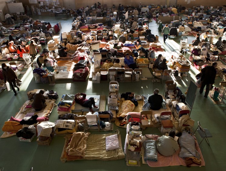 Rikuzen-Takata’s homeless in Daiichi Junior High School. The homeless are camped in the same order as they lived in town, neighbour to neighbour