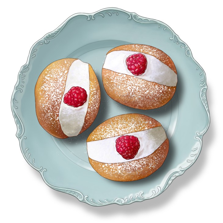 Fresh maritozzi pastries filled with cream and topped with ruby-red wild strawberries on a serving plate