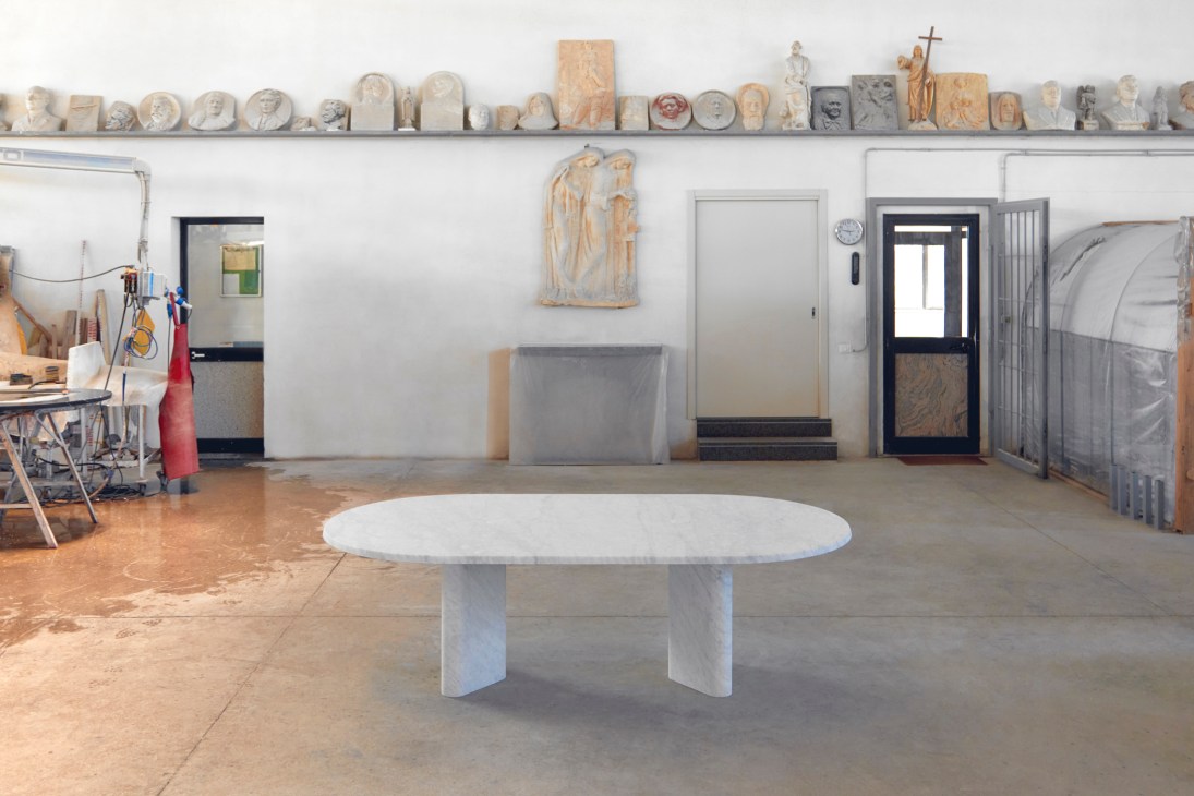 Largo marble table by Barber Osgerby for Marsotto Edizioni with geometric triangular base and rounded white carrara top