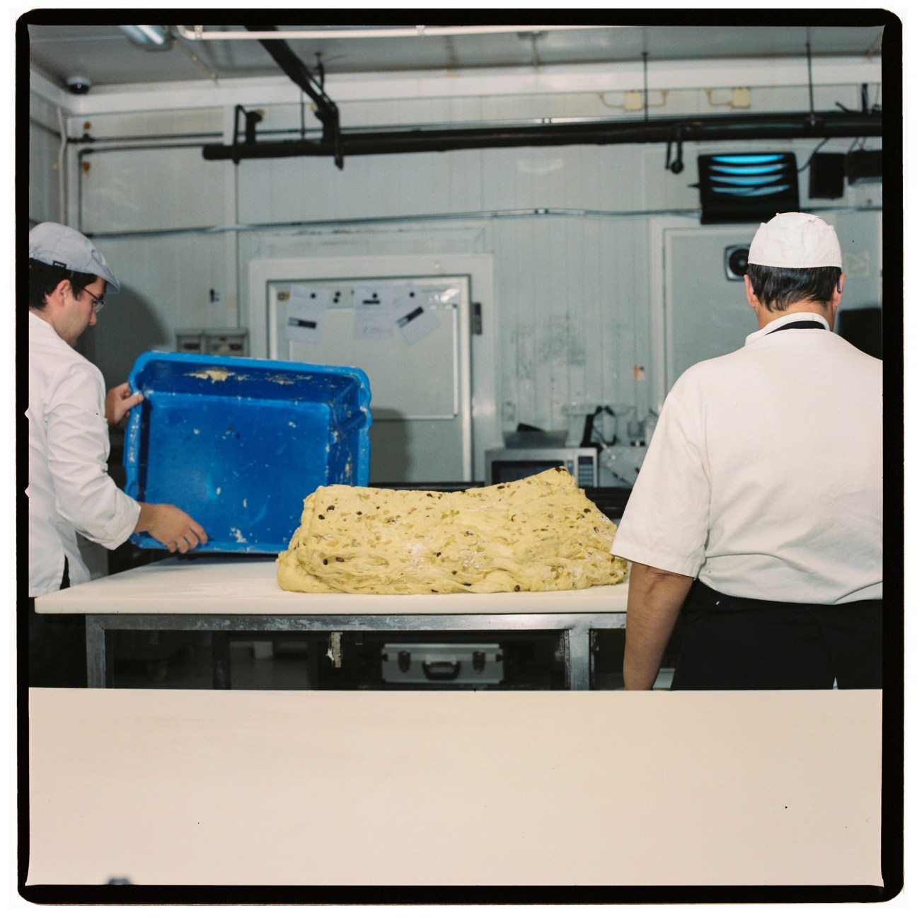 Two bakers in white uniforms and caps working with large batch of traditional Lebkuchen dough in commercial kitchen