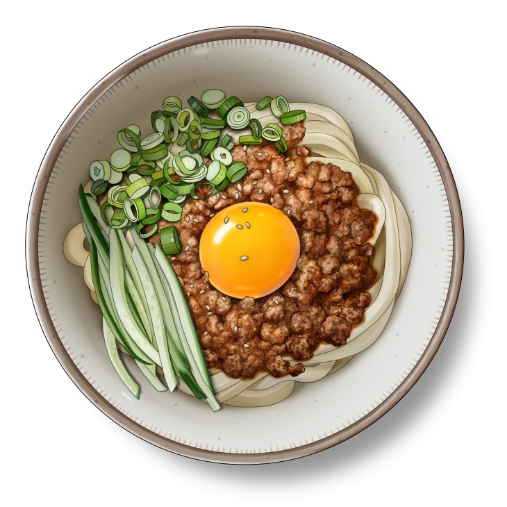 Miso pork udon noodles in a bowl topped with raw egg yolk, sliced green onions and cucumber batons