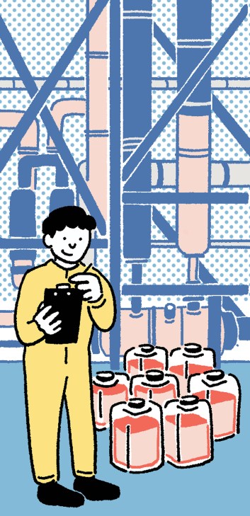 Illustration of person in yellow holding tablet with red containers below against patterned building backdrop.