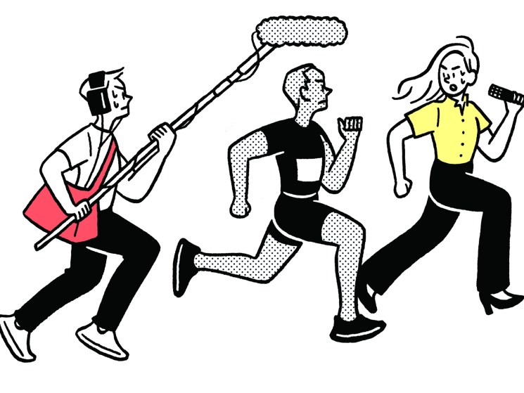 illustration of running athletes followed by a TV crew