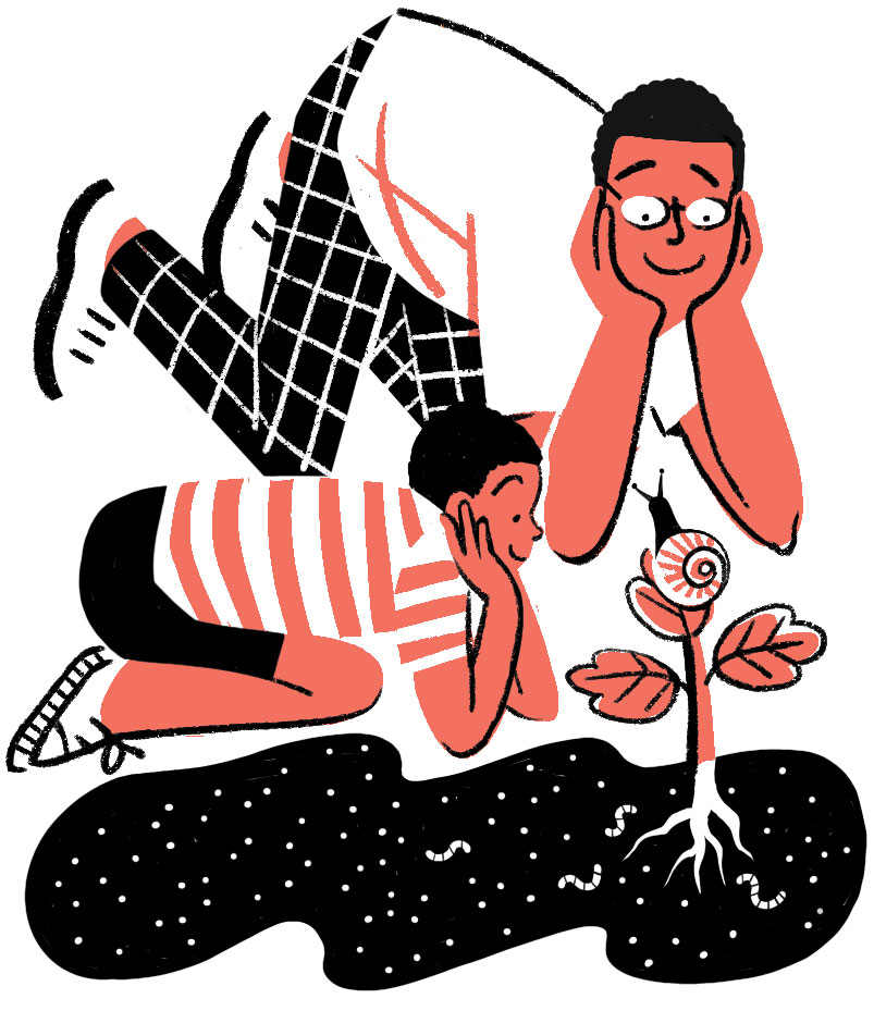 Two people lying on ground with hands on faces while small plant grows from dark soil below