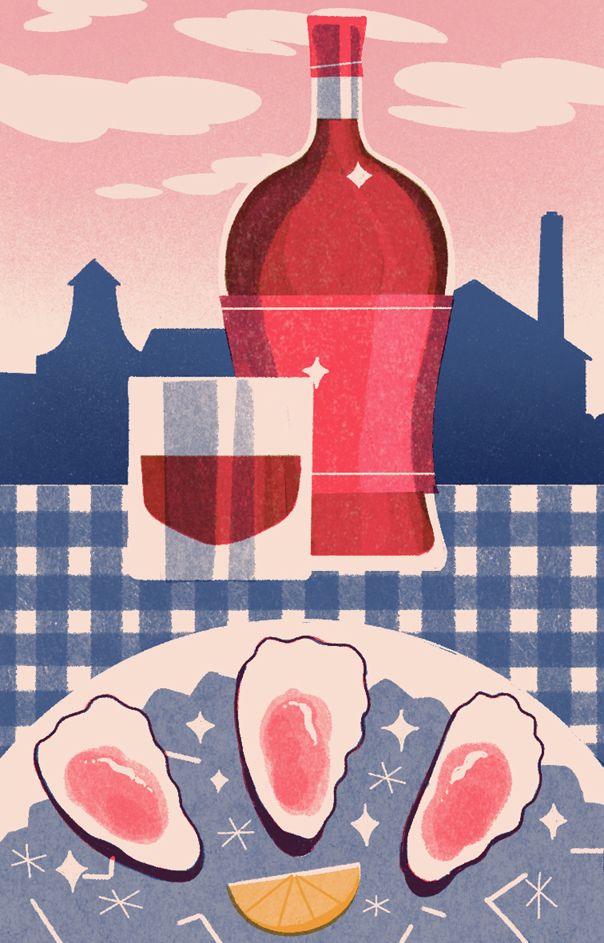 Stylized illustration of red wine bottle and glass with oysters on checkered tablecloth