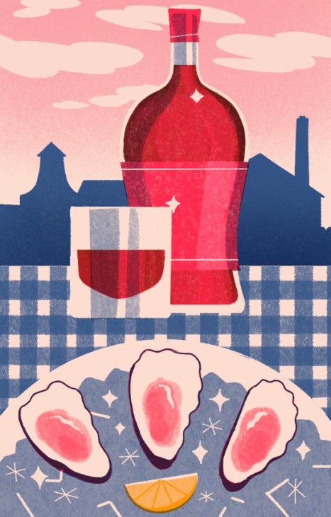 Stylized illustration of red wine bottle and glass with oysters on checkered tablecloth