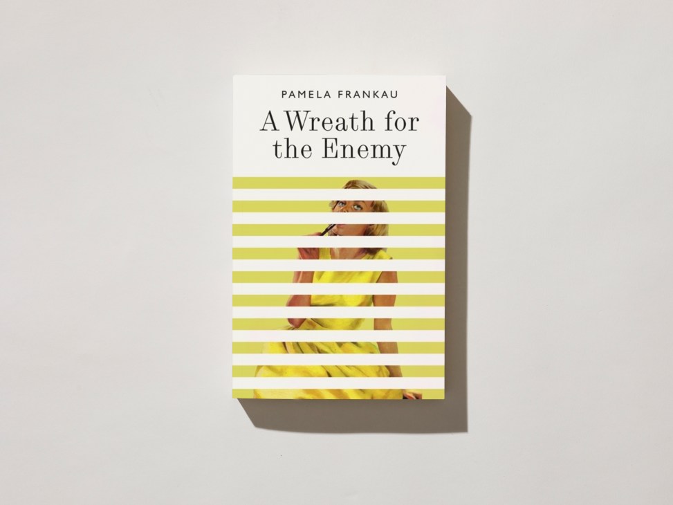Book cover for 'A Wreath for the Enemy' by Pamela Frankau with yellow striped design over a blonde woman's portrait