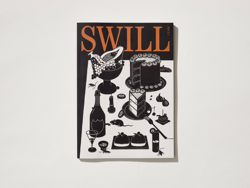 Black and white illustrated cover of SWILL magazine featuring various food and drink items including cakes, cocktails and fruit