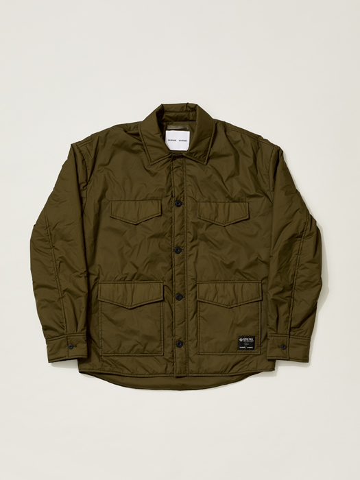 Olive green quilted jacket with chest pockets and button closure from Samsøe Samsøe x Gore-Tex collaboration