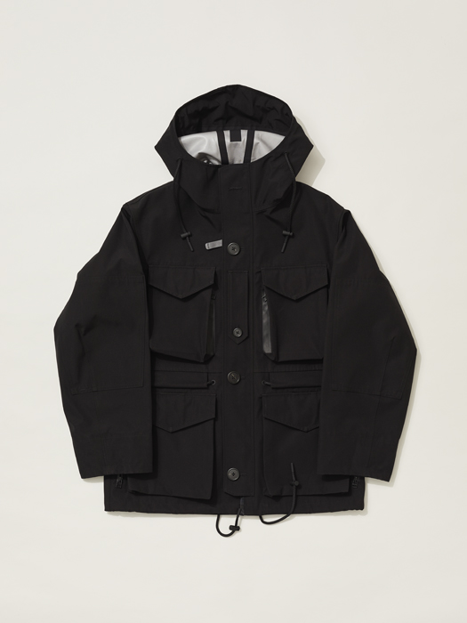 Black hooded jacket with multiple chest and waist pockets and drawstring details