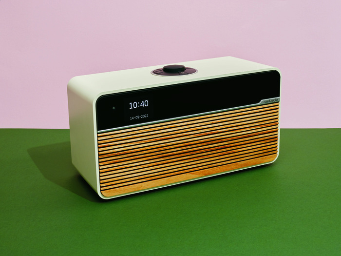 Ruark Audio R2 Mk4 Smart Music System with cream finish, slatted wood grille and digital display