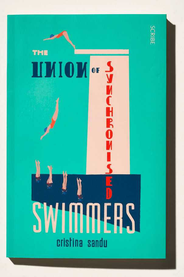Book cover for 'The Union of Synchronised Swimmers' by Cristina Sandu featuring turquoise and cream design with swimmers.