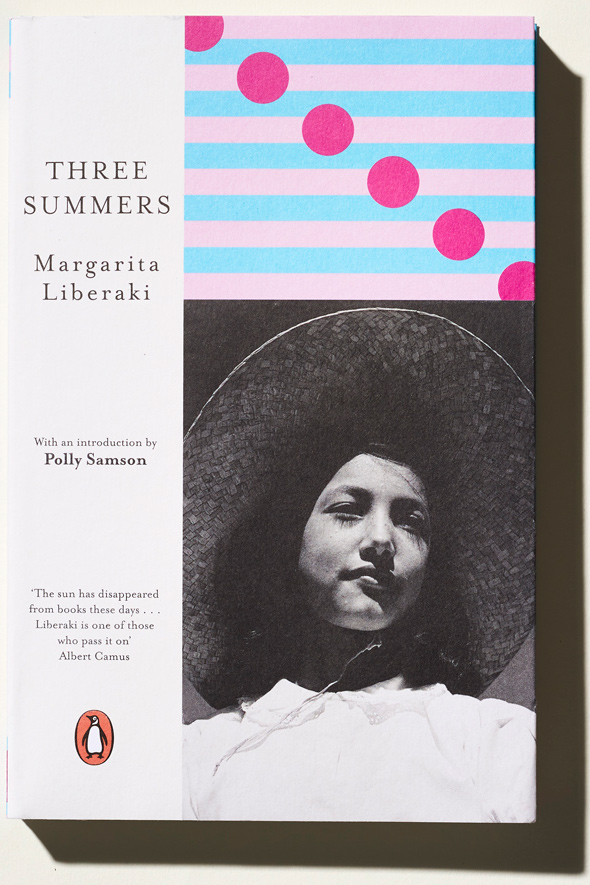 Book cover of 'Three Summers' by Margarita Liberaki featuring a black-and-white portrait of a woman wearing a white shirt and wide-brimmed hat, with a colorful striped design above.
