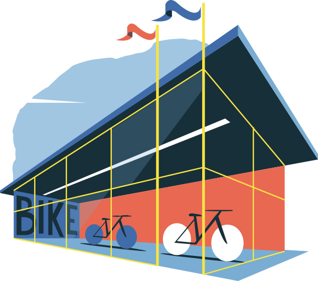 Modern bicycle storage facility with geometric design housing multiple bicycles under covered structure