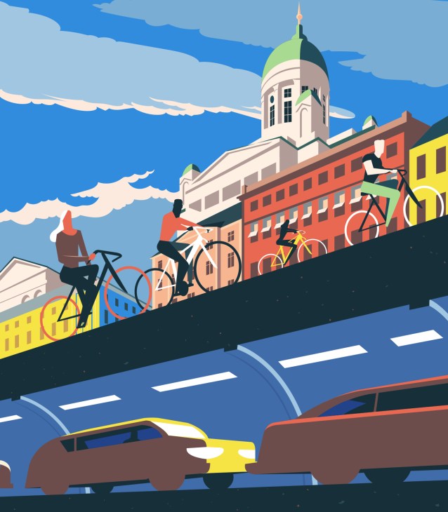Stylized illustration of Helsinki city center with cyclists on elevated path above traffic and colorful buildings