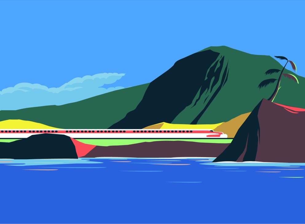 Stylized illustration of coastal landscape with green mountains, water, and colorful geometric shapes