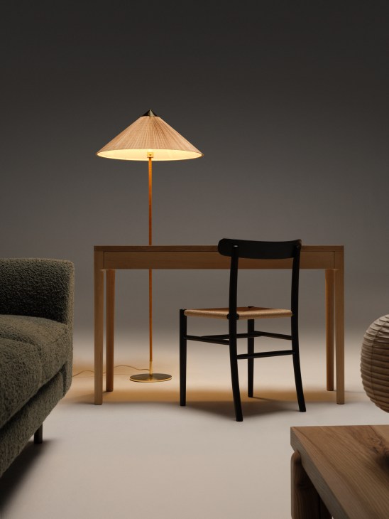 9602 Floor lamp known as Chinese Hat with bamboo lampshade and rattan-covered stem by Paavo Tynell for Gubi