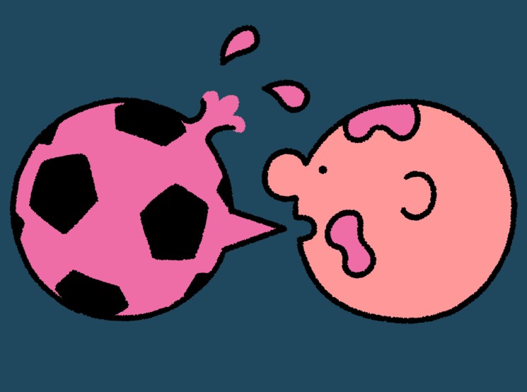 Cartoon of a pinkish face being and a pink football on a teal background.