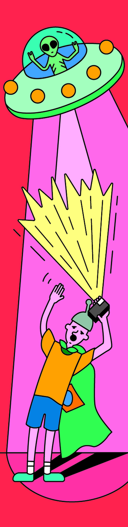 Cartoon illustration of a person holding a flashlight beam that shoots upward toward a UFO with a green hull and an alien pilot inside, with purple beam rays connecting them against a pink background.
