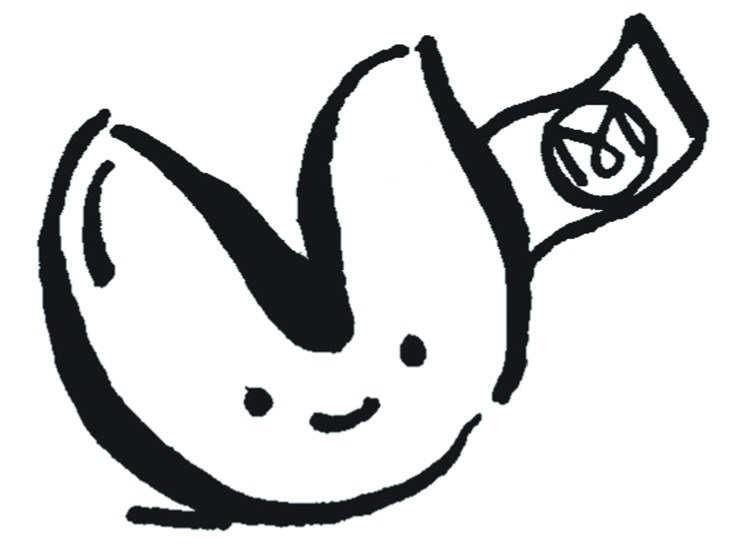 Simple black line illustration of a fortune cookie with a smiling face and an open slip of paper.