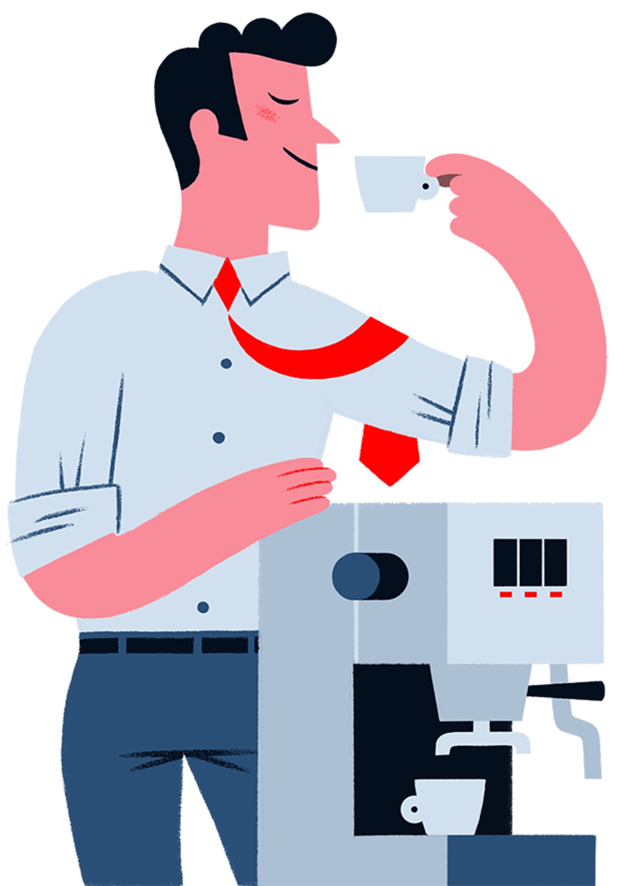 Illustration of a man in business attire using a Gaggia Classic espresso machine with coffee cup