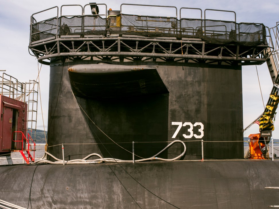 Ohio-class submarine in dry dock with massive hull visible