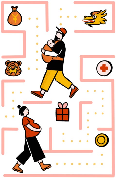 Illustration showing Asian families and population demographics