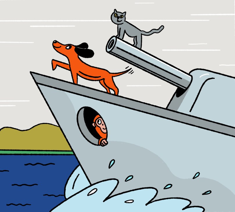 Illustration of a therapy dog on a naval aircraft carrier