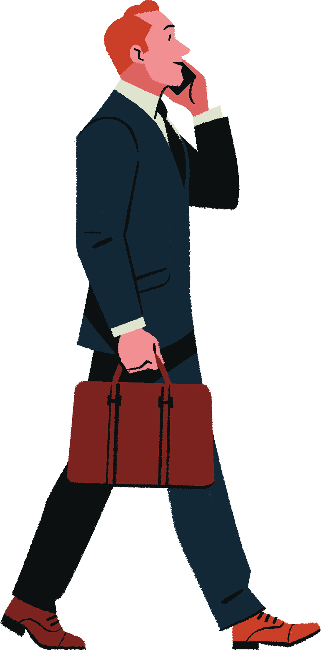 Illustrated businessman in navy suit walking while talking on phone and carrying brown briefcase