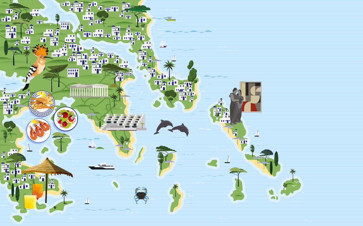 Illustrated map of Greek islands showing white buildings, food icons, boats, dolphins, and cultural landmarks