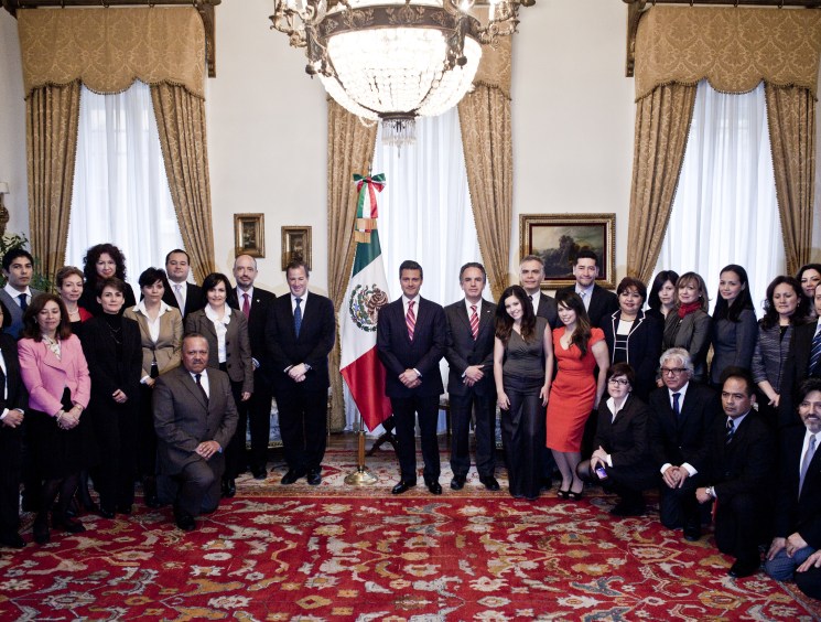 President Enrique Peña Nieto, flanked by his foreign minister, the mexican ambassador to Italy, pictured with the staff of the mexican embassy to Rome