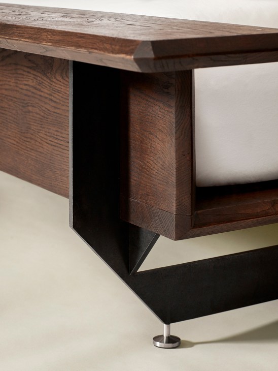 Muvek mu11 bed with oak frame inspired by Japanese torii gate design