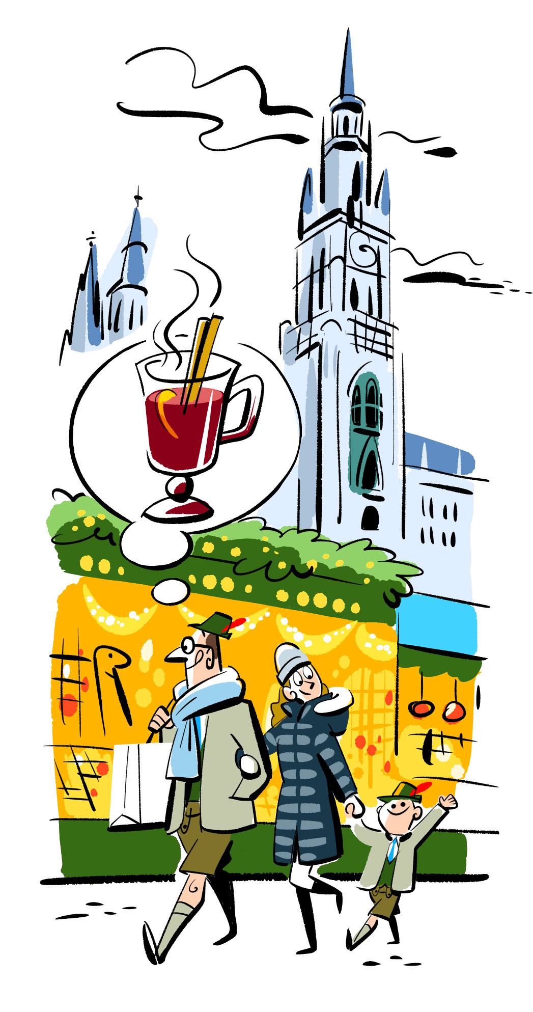Illustrated Christmas scene with family walking past mulled wine stand and Gothic church towers in Munich