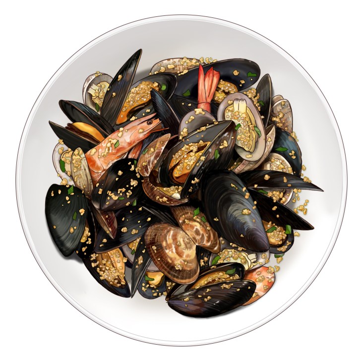 Bowl of cooked mussels and prawns garnished with golden breadcrumbs and herbs