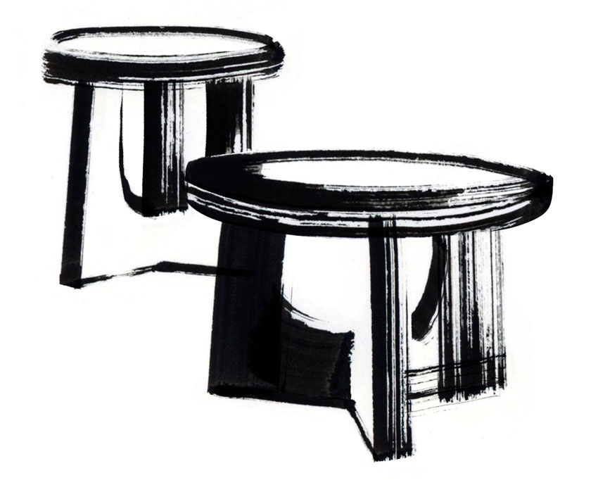 Black ink sketch illustration of two round side tables with cylindrical pedestals