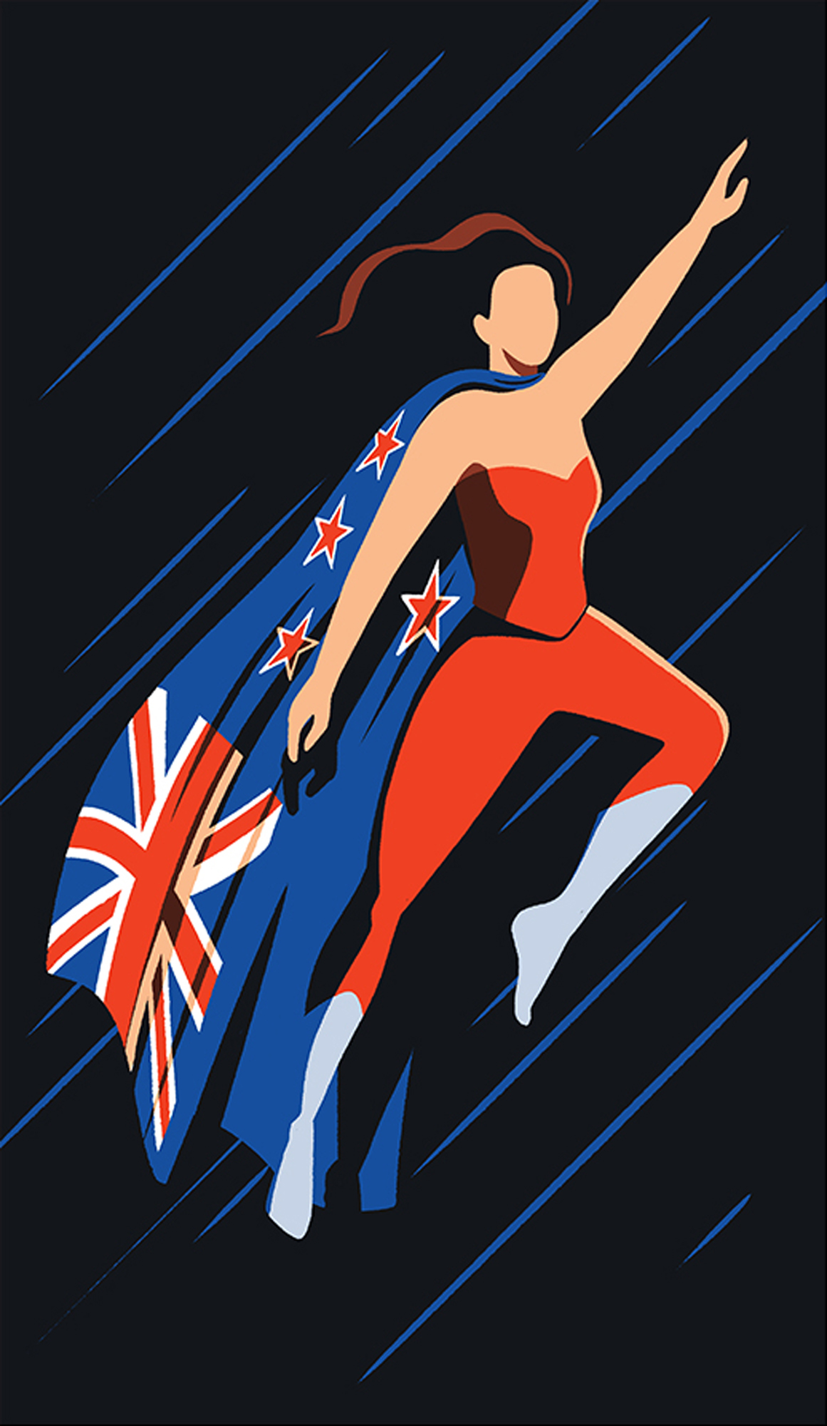 Stylized illustration of a female figure in red outfit with New Zealand flag cape in superhero pose