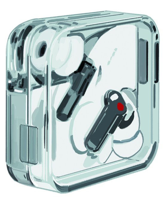 Nothing Ear (2) wireless earbuds in transparent case showing internal components