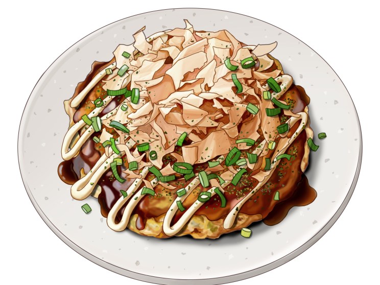 Okonomiyaki pancake topped with sauce drizzles, mayonnaise, bonito flakes and green onions on a speckled plate