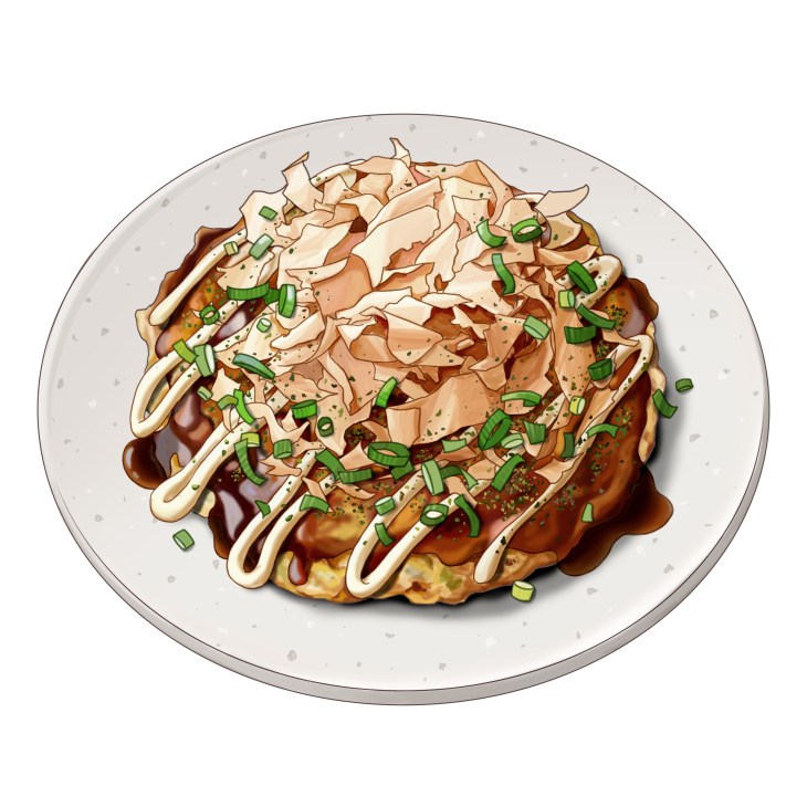 Okonomiyaki pancake topped with sauce drizzles, mayonnaise, bonito flakes and green onions on a speckled plate